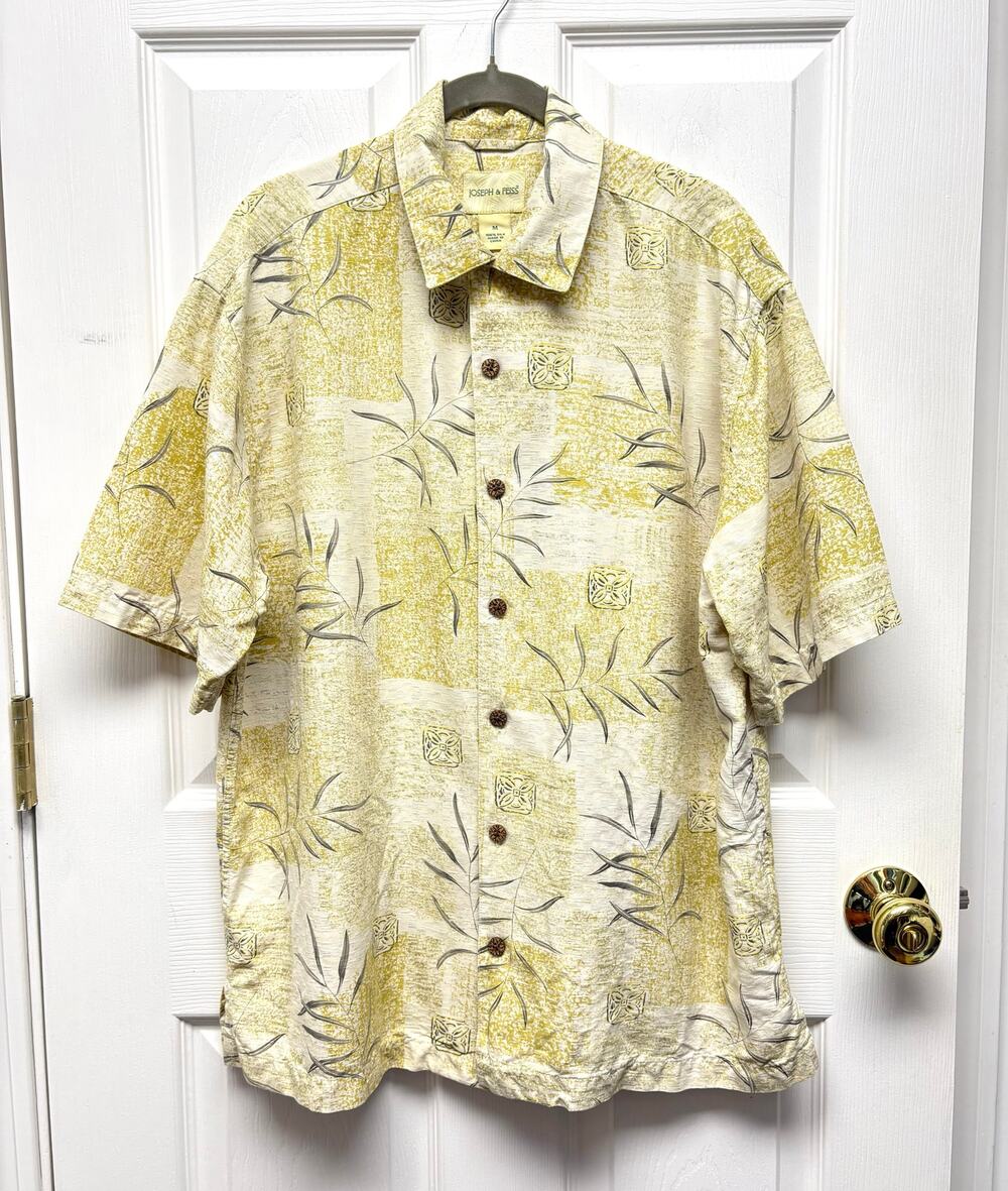 Joseph & Feiss Shirt 100% Silk Hawaiian Mens M Yellow Tropical Button Front Camp
